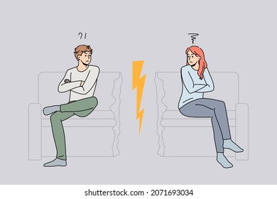 Unhappy stubborn couple sit separate on cut couch have family fight or quarrel. Angry mad man and woman lovers avoid ignore talking. Cheating and breakup, divorce concept. Vector illustration. 