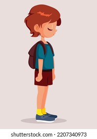 
Unhappy Student Boy Wearing His Backpack Vector Cartoon. Stressed Little Child Going Back To School Feeling Sad
