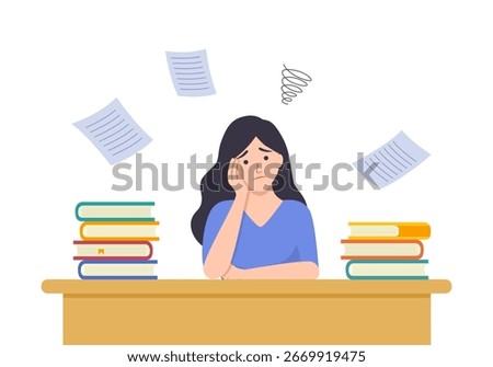 Unhappy student doing difficult homework. Information excessive amount. Stressed student with books piles in flat design.