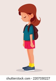 
Unhappy Student Girl Wearing Her Backpack Vector Cartoon. Stressed Little Child Going Back To School Feeling Sad
