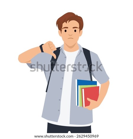 Unhappy Student Giving Thumbs Down. Expressing dissatisfaction with school or exams. Flat vector illustration isolated on white background