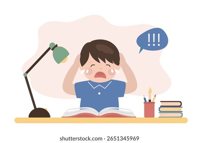 Unhappy student at lessons. Information excessive amount. Stressed caucasian boy with books piles and notes. Child doing homework and crying. Poor school grades. Kids troubles. vector illustration