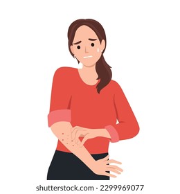 Unhappy suffering woman scratching the skin on her hand. Various skin problems, such as allergies, psoriasis, itching, atopic dermatitis, eczema, dryness, redness. Virus disease and eczema concept.