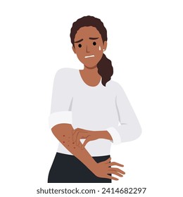 Unhappy suffering woman scratching the skin on her hand. Various skin problems, such as allergies, psoriasis, itching, atopic dermatitis, eczema, dryness, redness. Virus disease and eczema concept.