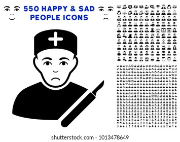 Unhappy Surgeon icon with 550 bonus pity and happy people images. Vector illustration style is flat black iconic symbols.