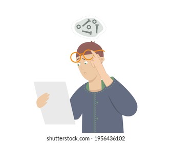 Unhappy surprised man holding paper document. Shocked man reading bills, tax report or receipt. Frustrated man reaction on bad news, financial problems or dismissal letter. Flat vector illustration