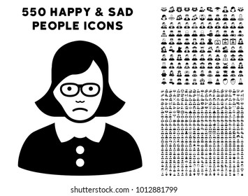 Unhappy Teacher Lady icon with 550 bonus pity and happy men pictures. Vector illustration style is flat black iconic symbols.