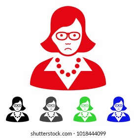 Unhappy Teacher Lady vector pictogram. Vector illustration style is a flat iconic teacher lady symbol with gray, black, blue, red, green color versions. Face has sorrow expression.