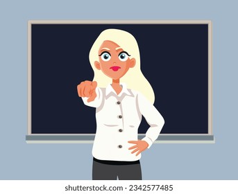 
Unhappy Teacher Pointing to the Class Vector Cartoon Illustration. Discontent school principal accusing and blaming students 
