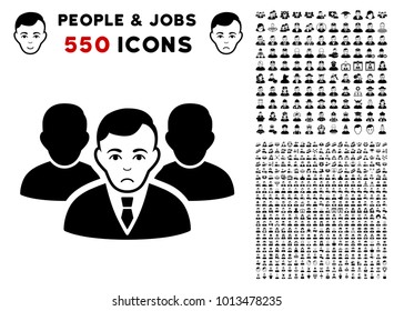 Unhappy Team pictograph with 550 bonus sad and happy jobs design elements. Vector illustration style is flat black iconic symbols.