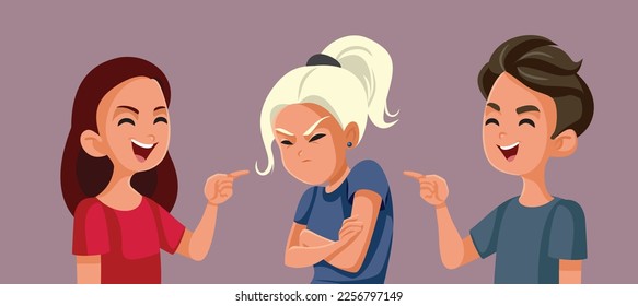 
Unhappy Teen Girl Being Bullied by Insensitive Classmates Vector Illustration. Sad Teenager feeling unhappy with friends laughing of her 
