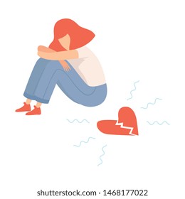 Unhappy Teen Girl with Broken Heart, Teenager Puberty Problem Vector Illustration