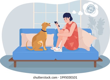 Unhappy Teen Girl At Home 2D Vector Isolated Illustration. Looking At Phone Screen. Sad Child With Dog At Home Flat Characters On Cartoon Background. Teenager Problem Colourful Scene