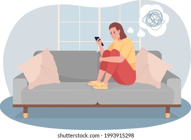 Unhappy teen girl look at phone screen 2D vector isolated illustration. Adolescent kid with depressing thoughts at home flat characters on cartoon background. Teenager problem colourful scene