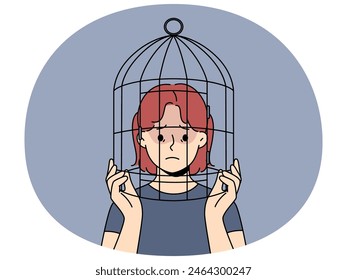 Unhappy teenager girl with head in birdcage suffer from discrimination and lack of freedom. Upset teen child locked in cage struggle with psychological problems. Vector illustration.