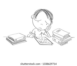 Unhappy and tired boy preparing for school exam, writing homework, feeling sad and bored - original hand drawn illustration