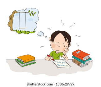 Unhappy And Tired Boy Preparing For School Exam, Writing Homework, Feeling Sad And Dreaming About Playing Outside In The Park - Original Hand Drawn Illustration