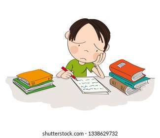 Unhappy and tired boy preparing for school exam, writing homework, feeling sad and bored - original hand drawn illustration