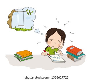 Unhappy And Tired Girl Preparing For School Exam, Writing Homework, Feeling Sad And Dreaming About Playing Outside In The Park - Original Hand Drawn Illustration