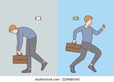 Unhappy tired and happy energetic man with empty and full battery in comparison. Concept of work burnout and motivation. Vector illustration. 