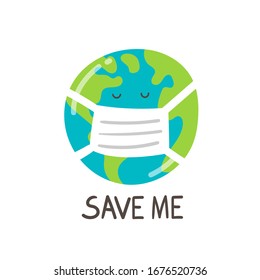 Unhappy tired ill planet Earth character. Global warming concept. Vector flat cartoon illustration.