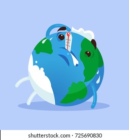 Unhappy tired ill planet Earth character. Global warming concept. Vector flat cartoon illustration