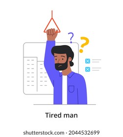 Unhappy tired male character is going home from work in subway on white background. Male and female characters getting tired in daily work life with fatigue. Flat cartoon vector illustration