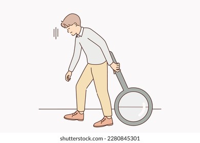 Unhappy tired man with huge magnifying glass distressed with searching. Upset guy feel exhausted walk with magnifier. Vector illustration. 