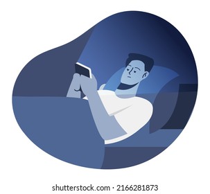 Unhappy tired man lying in bed with smartphone. Character suffer from insomnia use cellphone device. Upset exhausted guy struggle on sleepless night brose smartphone. Vector illustration