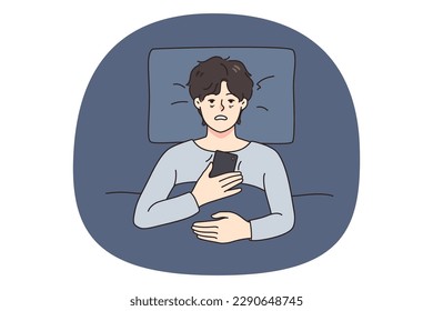 Unhappy tired man lying in bed suffer from insomnia use cellphone device. Upset exhausted guy struggle on sleepless night brose smartphone. Sleeping problem concept. Vector illustration.