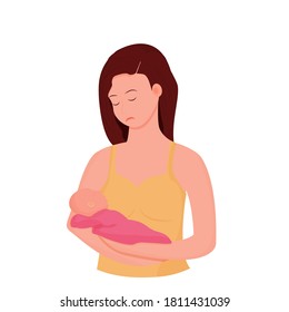 Unhappy, tired mother holding newborn baby. Postpartum depression concept illustration isolated on white background. Parenting difficult, maternity.