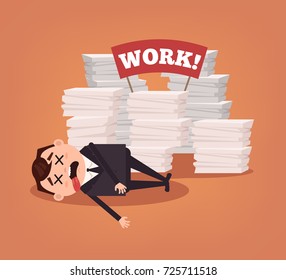 Unhappy tired office worker manager man character lying on floor. Vector flat cartoon illustration