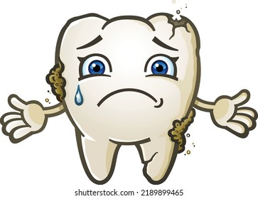 An Unhappy Tooth Cartoon Character Covered In Plaque And Cracks With A Deep Cavity