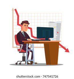 Vector del hombre del comerciante infeliz. Escritorio Comerciante En La Habitación Trader. Los Informes Estadísticos Se Difunden. Propósitos De Inversión. Ilustración de caricaturas planas tristes aisladas