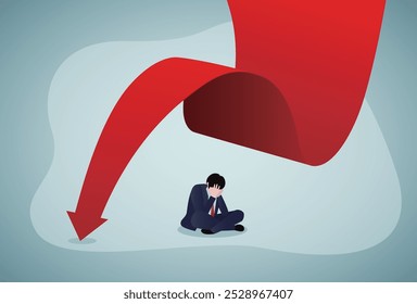 Comerciante infeliz sentado ao lado de uma seta caída. Queda do mercado de ações, perda de investimento. Banner do conceito de falência. Perda de ativos. Triste homem de negócios em estresse. Crise financeira. Ilustração de vetor plano