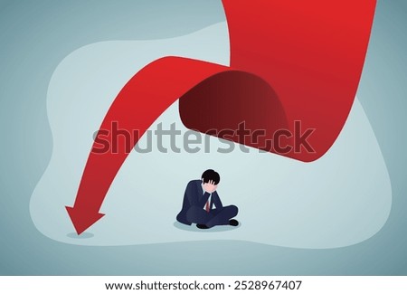 Unhappy trader sits next to a fallen arrow. Fall of stock market, loss of investment. Bankruptcy concept banner. Loss of assets. Sad businessman in stress. Financial crisis. Flat vector illustration
