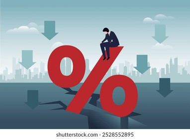 Unhappy trader sits on a percentage sign. Fall of rate, loss of investment. Bankruptcy concept banner. Loss of assets. Sad businessman in stress. Financial crisis. Flat vector illustration