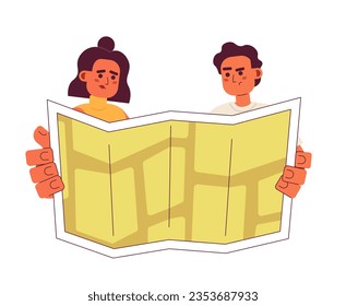 Unhappy travelers holding on map flat concept vector spot illustration. Young people looking on location 2D cartoon characters on white for web UI design. Isolated editable creative hero image