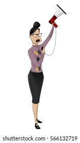Unhappy, ugly and strict businesswoman shouting through megaphone.