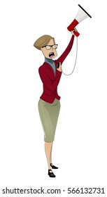 Unhappy, ugly and strict businesswoman shouting through megaphone.