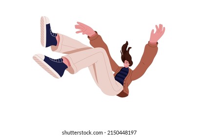 Unhappy unlucky person falling down. Fail, fall by accident. Failure, misfortune, life tragedy, psychology fear concept. Woman dropping. Flat vector illustration isolated on white background.