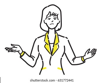 Unhappy and unsatisfied businesswoman make gesture shrugging shoulders. Line draw or sketch design, simple style.