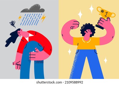 Unhappy unsuccessful woman under rain cloud versus happy confident successful colleague win prize. Comparison of female failure and success. Flat vector illustration, cartoon character. 