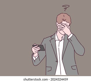 Unhappy upset businessman looking at phone screen. Hand drawn in thin line style, vector illustrations.