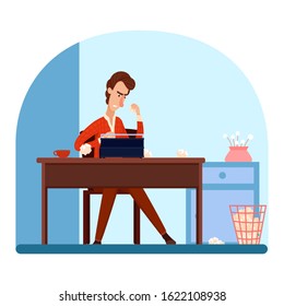 Unhappy upset writer cannot finish story or fairy tale. Concentrated cartoon male character sitting front of typewriter. Thinking angry sad author squeezes paper in hands. Vector flat illustration