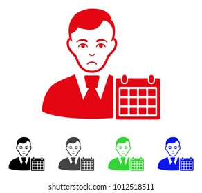 Unhappy User Calendar vector icon. Vector illustration style is a flat iconic user calendar symbol with gray, black, blue, red, green color versions. Face has unhappy sentiment.