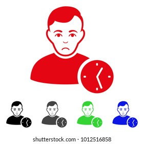 Unhappy User Clock vector pictogram. Vector illustration style is a flat iconic user clock symbol with grey, black, blue, red, green color variants. Face has depressed emotions.