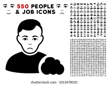 Unhappy User Cloud icon with 550 bonus pity and happy jobs symbols. Vector illustration style is flat black iconic symbols.