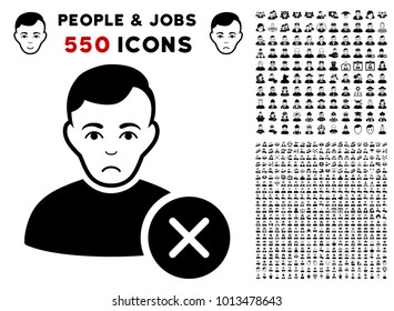 Unhappy User Delete pictograph with 550 bonus pity and glad user pictograms. Vector illustration style is flat black iconic symbols.