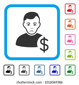 Unhappy User Dollar vector pictogram. Person face has affliction feeling. Black, grey, green, blue, red, pink color versions of user dollar symbol inside a rounded square.